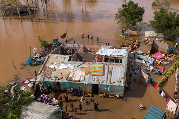 Aerial of the poor population of Africa living in old buildings during the flood